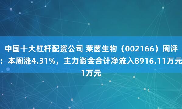 中国十大杠杆配资公司 莱茵生物（002166）周评：本周涨4.31%，主力资金合计净流入8916.11万元